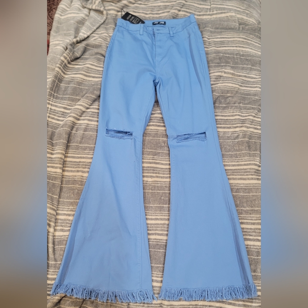 Blue Flare Pants with Fringe Hem
